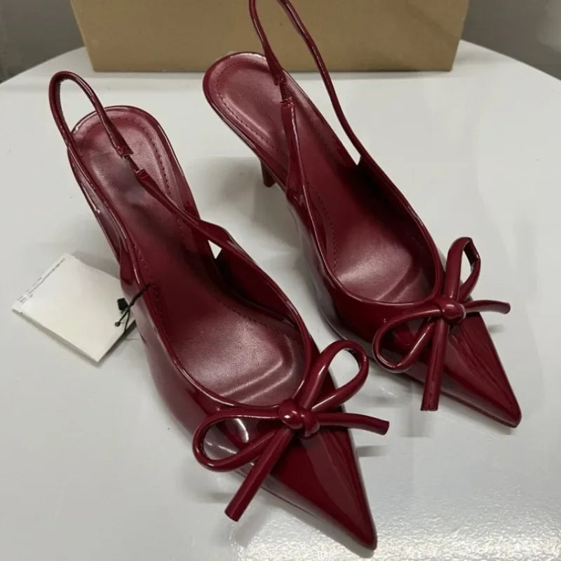 2025 herbst High Heels Frauen Hochzeiten Braut Schuhe Bogen Dekoration Mode Flach Spitz Elegante Slingbacks Damen Pumps