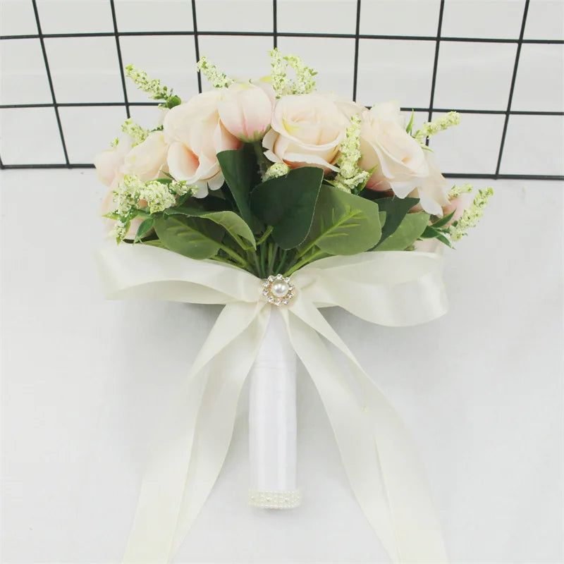 Braut Brautjungfer Hochzeitsstrauß Weiße Seidenblumen Rosen Handgemachte Künstliche Braut Mariage Bouquet Hochzeitszubehör