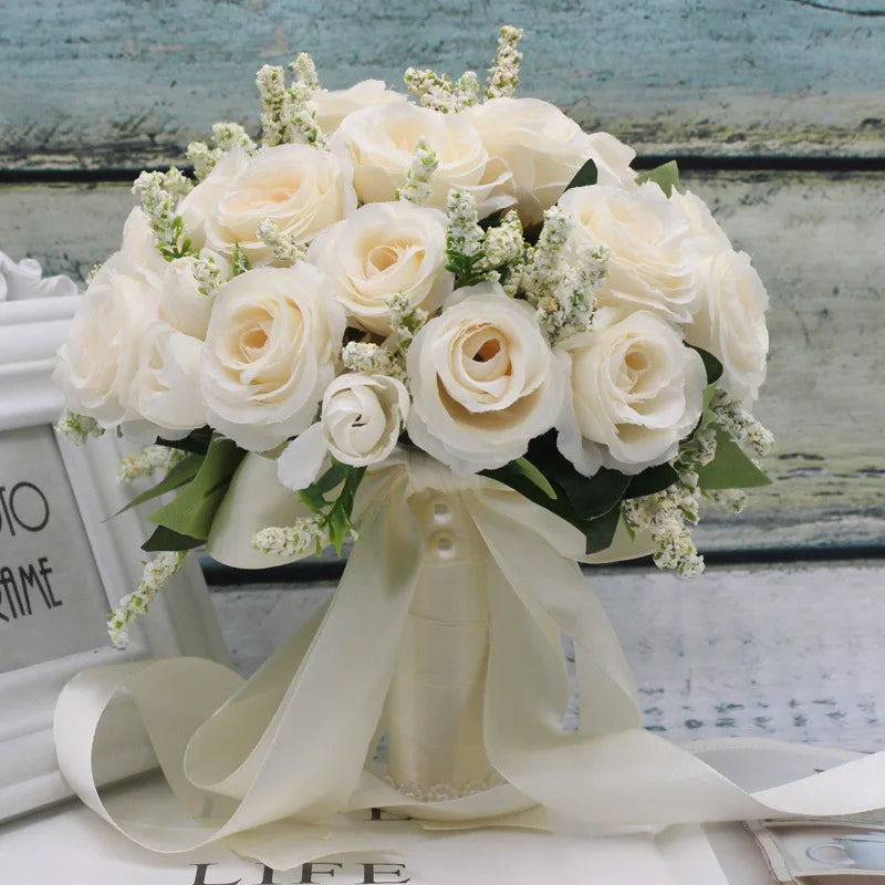 Braut Brautjungfer Hochzeitsstrauß Weiße Seidenblumen Rosen Handgemachte Künstliche Braut Mariage Bouquet Hochzeitszubehör