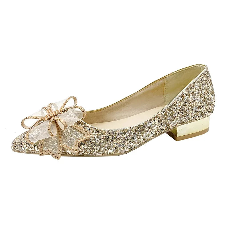 Damen Glänzende Gold Silber Brautschuhe mit Perlen, flache Absätze, Med (3 cm – 5 cm), Kristall, Schmetterlingsknoten, flache Hochzeitsschuhe, Slipper