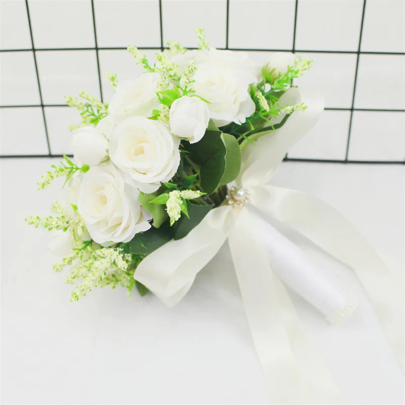 Braut Brautjungfer Hochzeitsstrauß Weiße Seidenblumen Rosen Handgemachte Künstliche Braut Mariage Bouquet Hochzeitszubehör