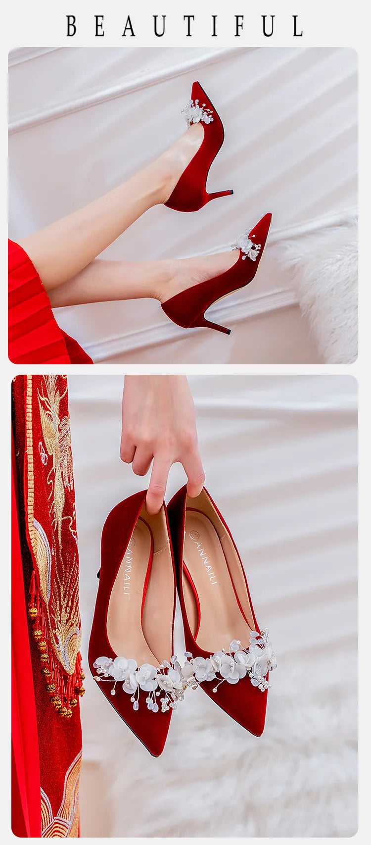 Hochzeitsschuhe Damen 2024 Haupthochzeitskleid Weiß High Heels Burgund Xiuhe Brautschuhe Mittelhoher Absatz Übergröße Einzelschuhe