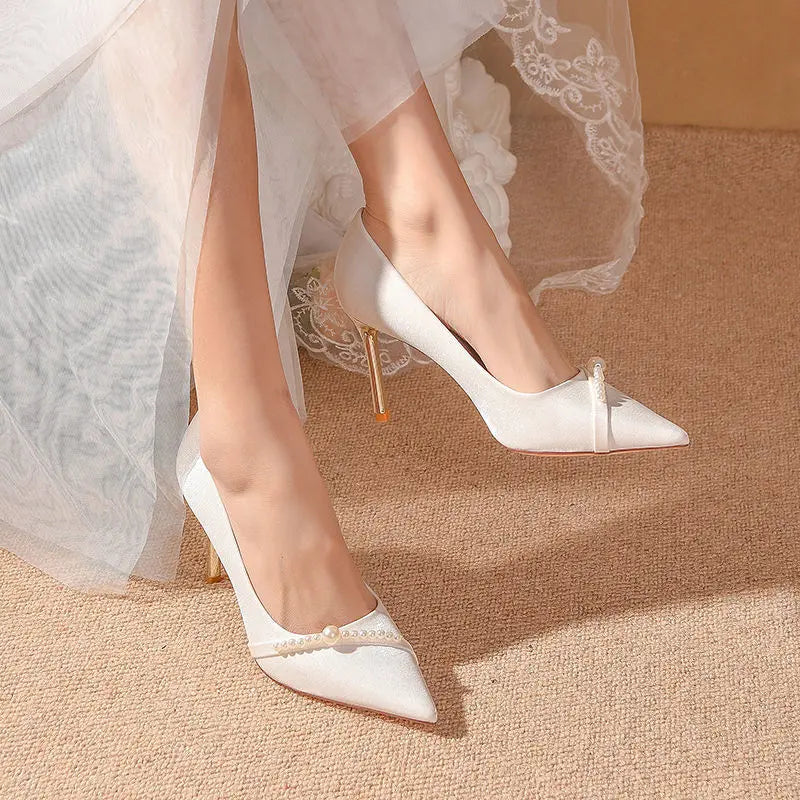 Damen Sommerschuhe Braut Pumps Schuhe für Frau 2024 Hochzeitsschuh auf Absatz Spitzschuh Perle Stilito High Heels Beliebte 39