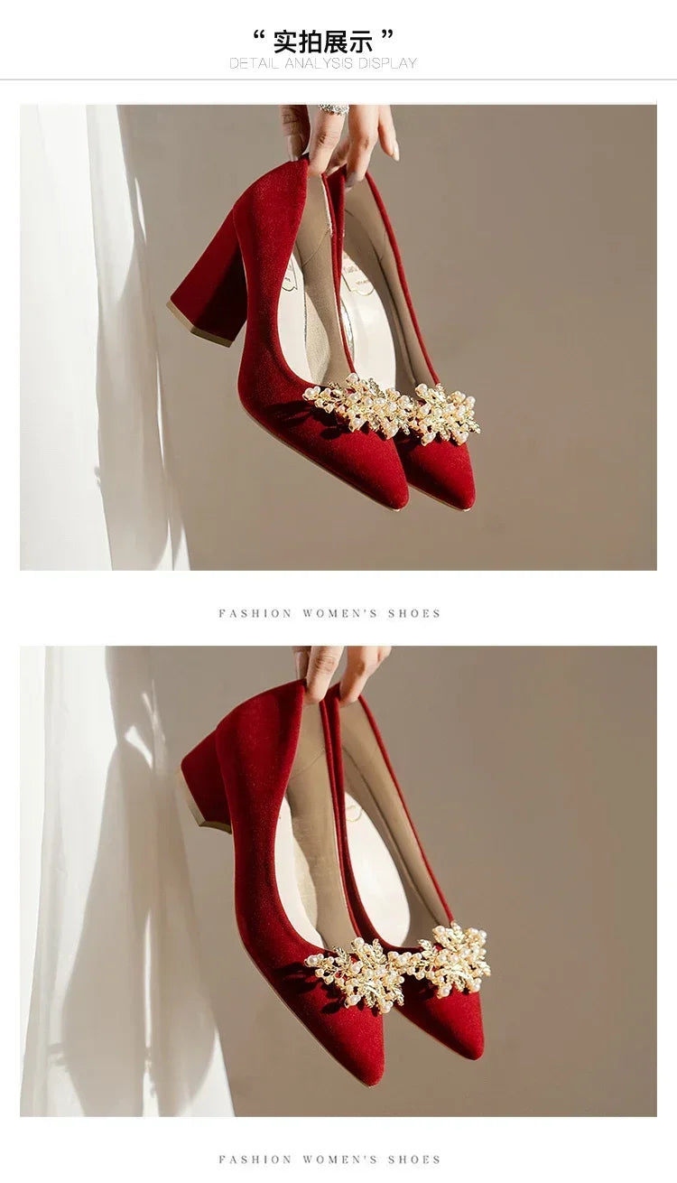 2024 neue Frühling Sommer Herbst Hochzeit Schuhe frauen Dicken Absätzen Braut Rot Wildleder Hochzeit Barfuß Schuhe