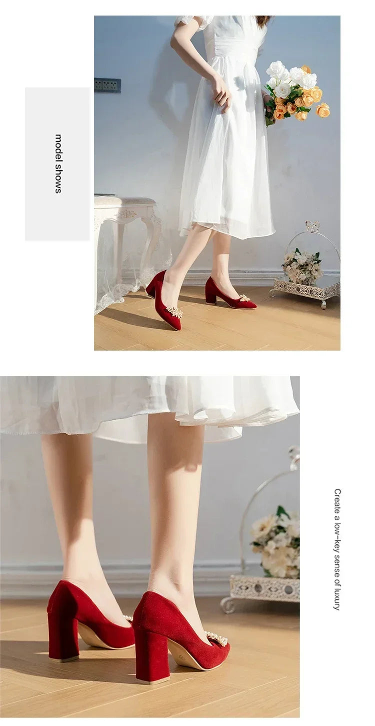2024 neue Frühling Sommer Herbst Hochzeit Schuhe frauen Dicken Absätzen Braut Rot Wildleder Hochzeit Barfuß Schuhe