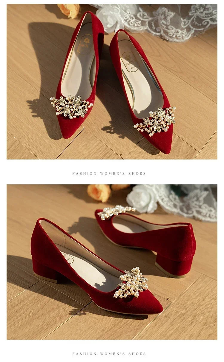 2024 neue Frühling Sommer Herbst Hochzeit Schuhe frauen Dicken Absätzen Braut Rot Wildleder Hochzeit Barfuß Schuhe