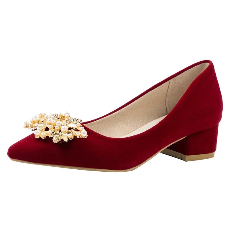 2024 neue Frühling Sommer Herbst Hochzeit Schuhe frauen Dicken Absätzen Braut Rot Wildleder Hochzeit Barfuß Schuhe