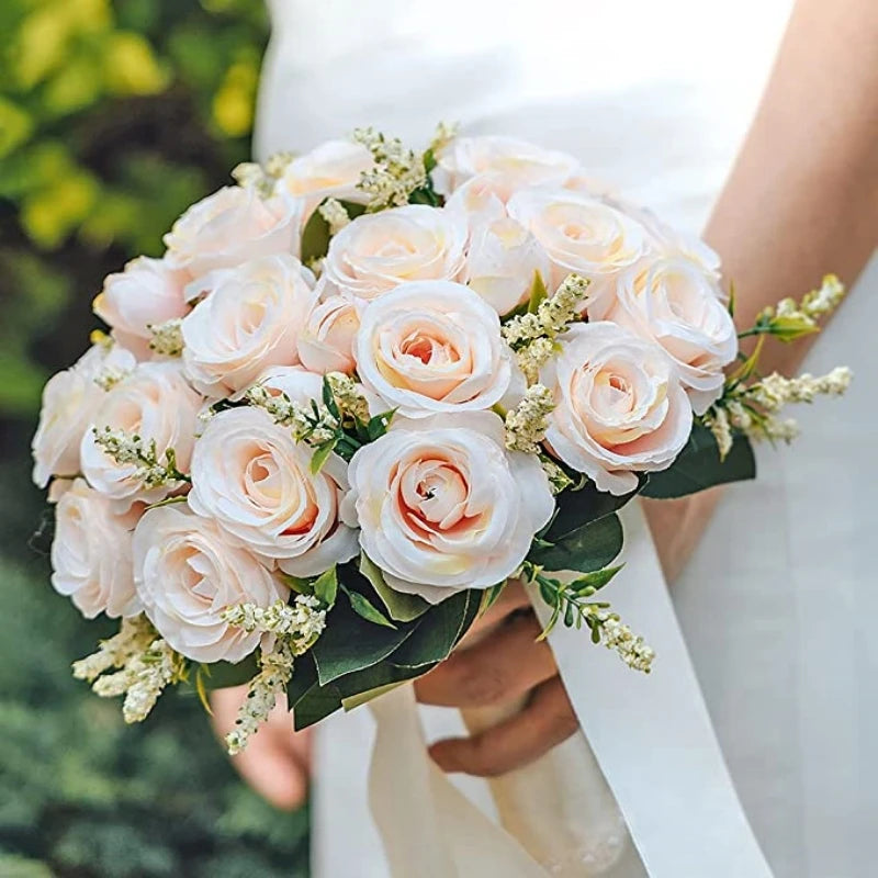 Braut Brautjungfer Hochzeitsstrauß Weiße Seidenblumen Rosen Handgemachte Künstliche Braut Mariage Bouquet Hochzeitszubehör