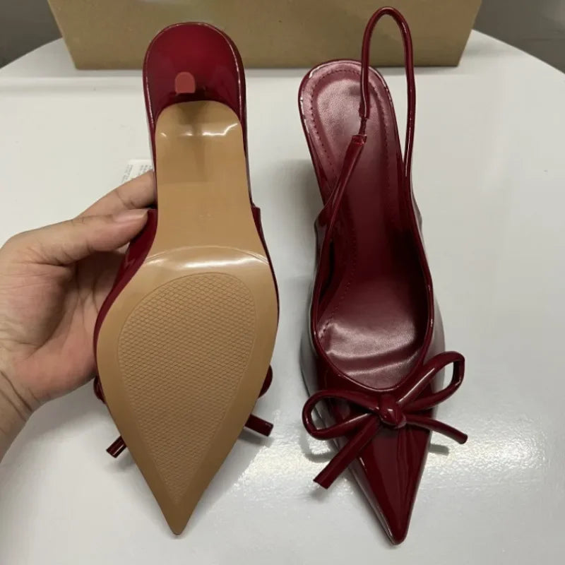 2025 herbst High Heels Frauen Hochzeiten Braut Schuhe Bogen Dekoration Mode Flach Spitz Elegante Slingbacks Damen Pumps