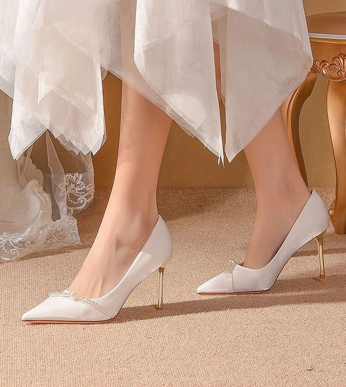 Damen Sommerschuhe Braut Pumps Schuhe für Frau 2024 Hochzeitsschuh auf Absatz Spitzschuh Perle Stilito High Heels Beliebte 39