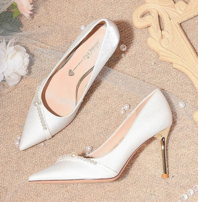 Damen Sommerschuhe Braut Pumps Schuhe für Frau 2024 Hochzeitsschuh auf Absatz Spitzschuh Perle Stilito High Heels Beliebte 39