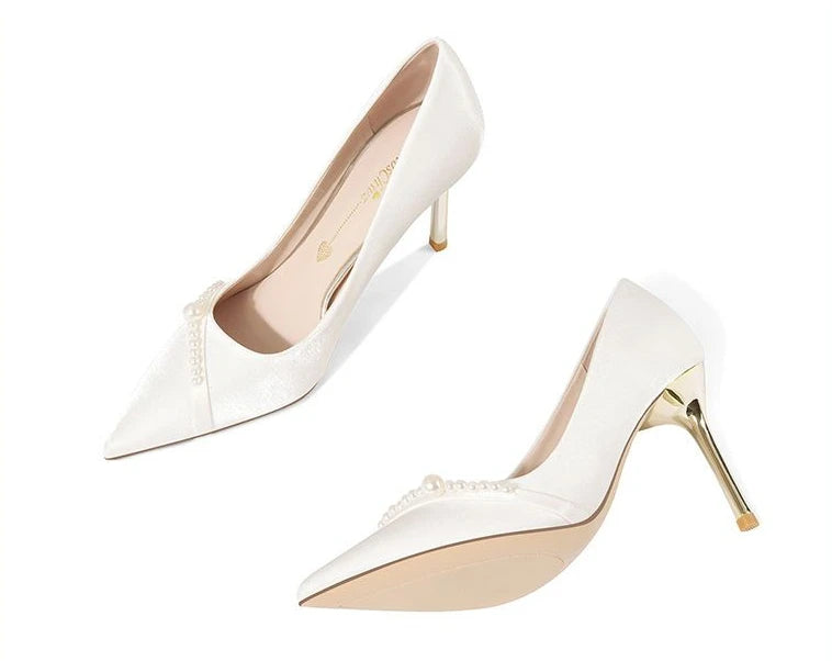 Damen Sommerschuhe Braut Pumps Schuhe für Frau 2024 Hochzeitsschuh auf Absatz Spitzschuh Perle Stilito High Heels Beliebte 39