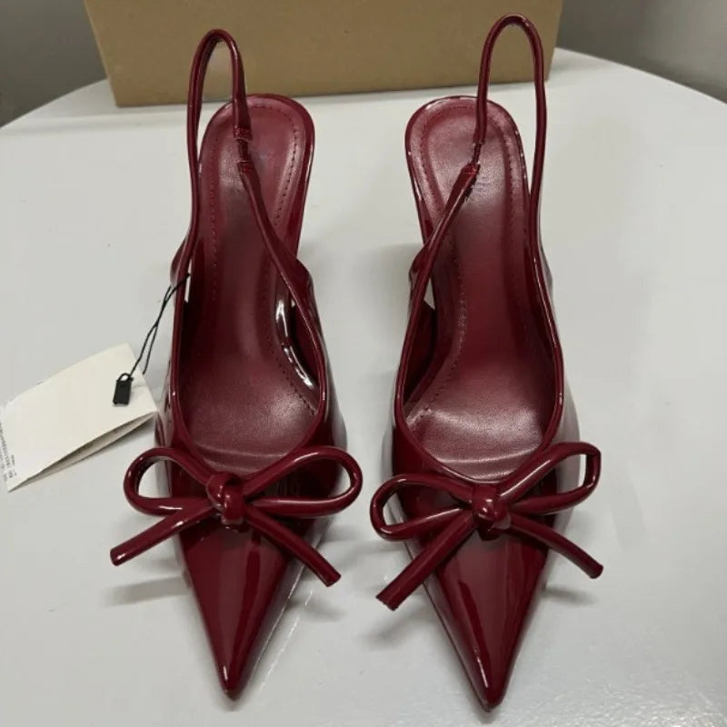 2025 herbst High Heels Frauen Hochzeiten Braut Schuhe Bogen Dekoration Mode Flach Spitz Elegante Slingbacks Damen Pumps