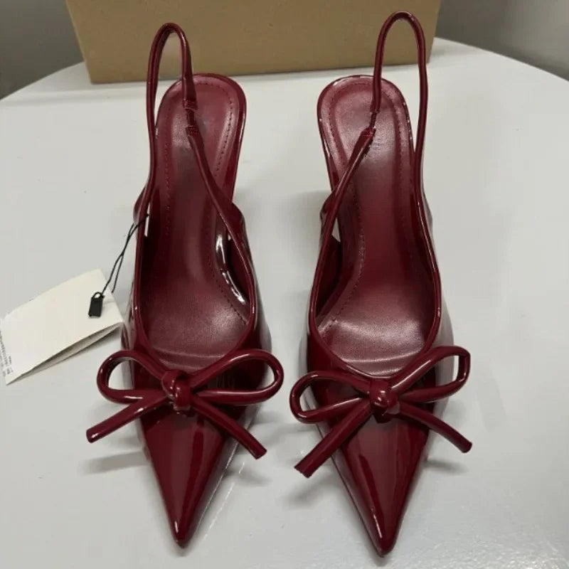 2025 herbst High Heels Frauen Hochzeiten Braut Schuhe Bogen Dekoration Mode Flach Spitz Elegante Slingbacks Damen Pumps