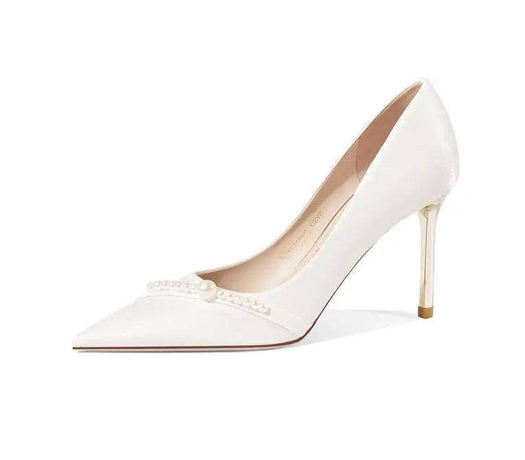 Damen Sommerschuhe Braut Pumps Schuhe für Frau 2024 Hochzeitsschuh auf Absatz Spitzschuh Perle Stilito High Heels Beliebte 39