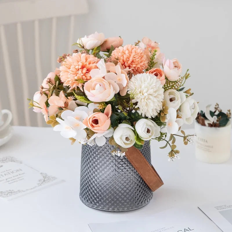 Nordischer Hochzeits-Brautstrauß, künstliche Rosen, Hortensien, Seidenblumen, Heimdekoration, Wohnzimmer, Blumen, Shooting-Requisiten