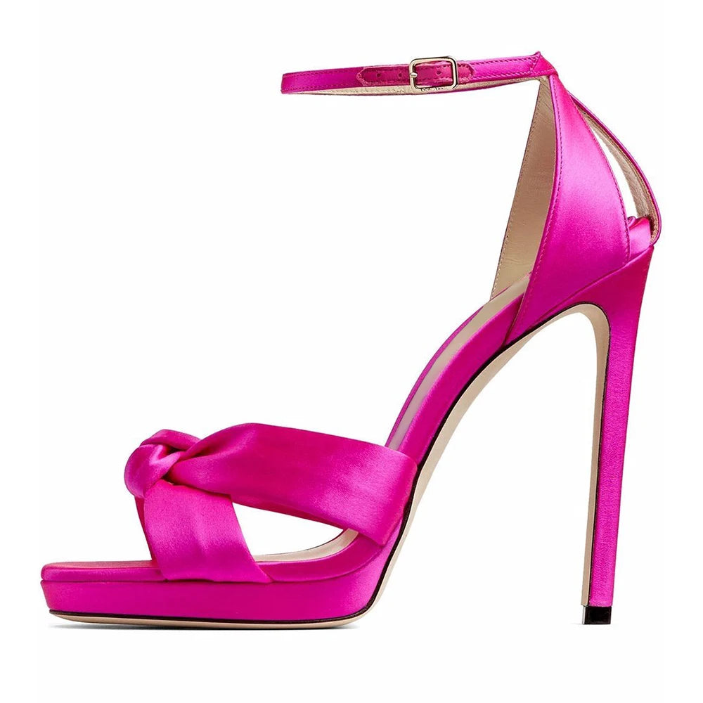 Schöne Sommerhochzeits-Brautschuhe in Fuchsia mit Satin-Knoten, Stiletto-Absatz, Schnallenriemen, Übergröße, Damen-High-Heels-Sandalen