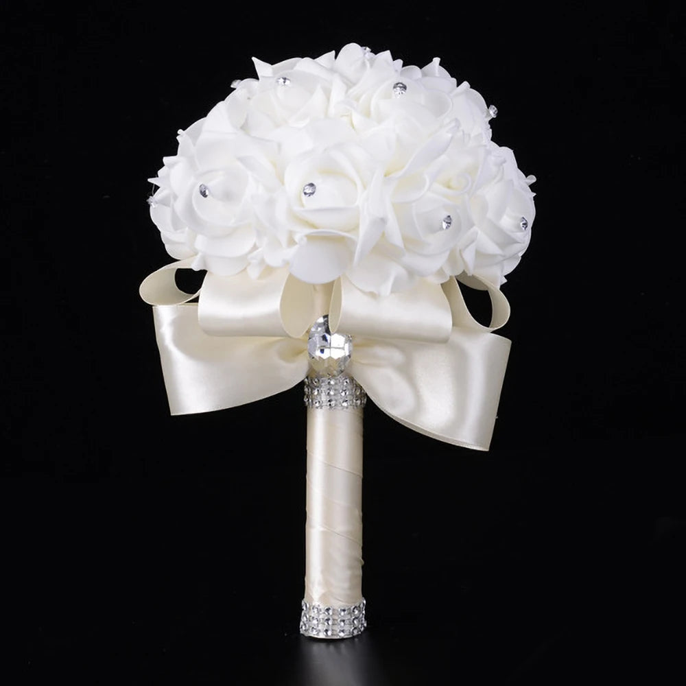 Braut Brautjungfer Bouquet Künstliche Halten Blumen Strass Bänder Hochzeit Party Kirche Hause Weihnachten Tisch Schlafzimmer Dekor