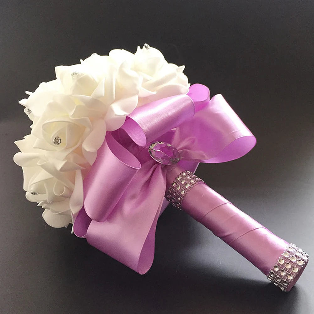 Braut Brautjungfer Bouquet Künstliche Halten Blumen Strass Bänder Hochzeit Party Kirche Hause Weihnachten Tisch Schlafzimmer Dekor