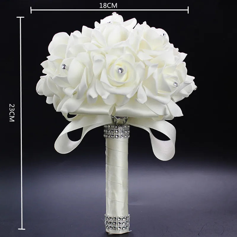 Braut Brautjungfer Bouquet Künstliche Halten Blumen Strass Bänder Hochzeit Party Kirche Hause Weihnachten Tisch Schlafzimmer Dekor