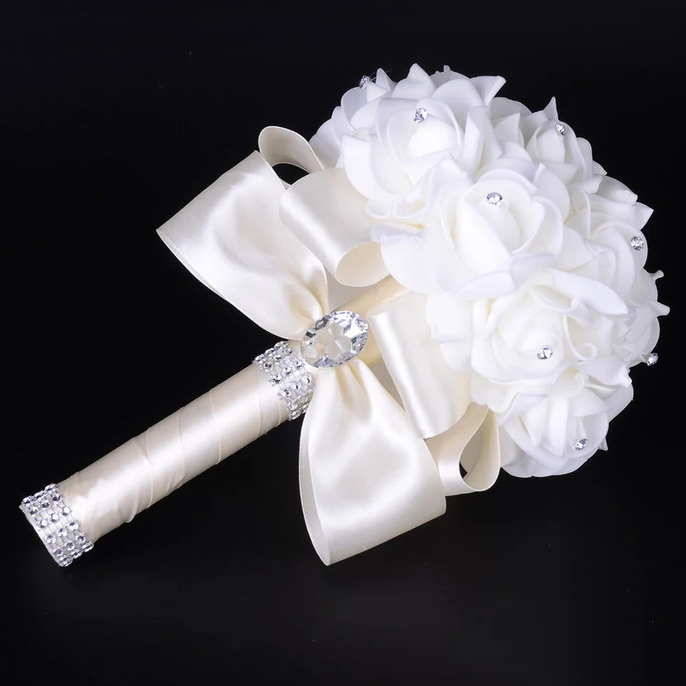 Braut Brautjungfer Bouquet Künstliche Halten Blumen Strass Bänder Hochzeit Party Kirche Hause Weihnachten Tisch Schlafzimmer Dekor