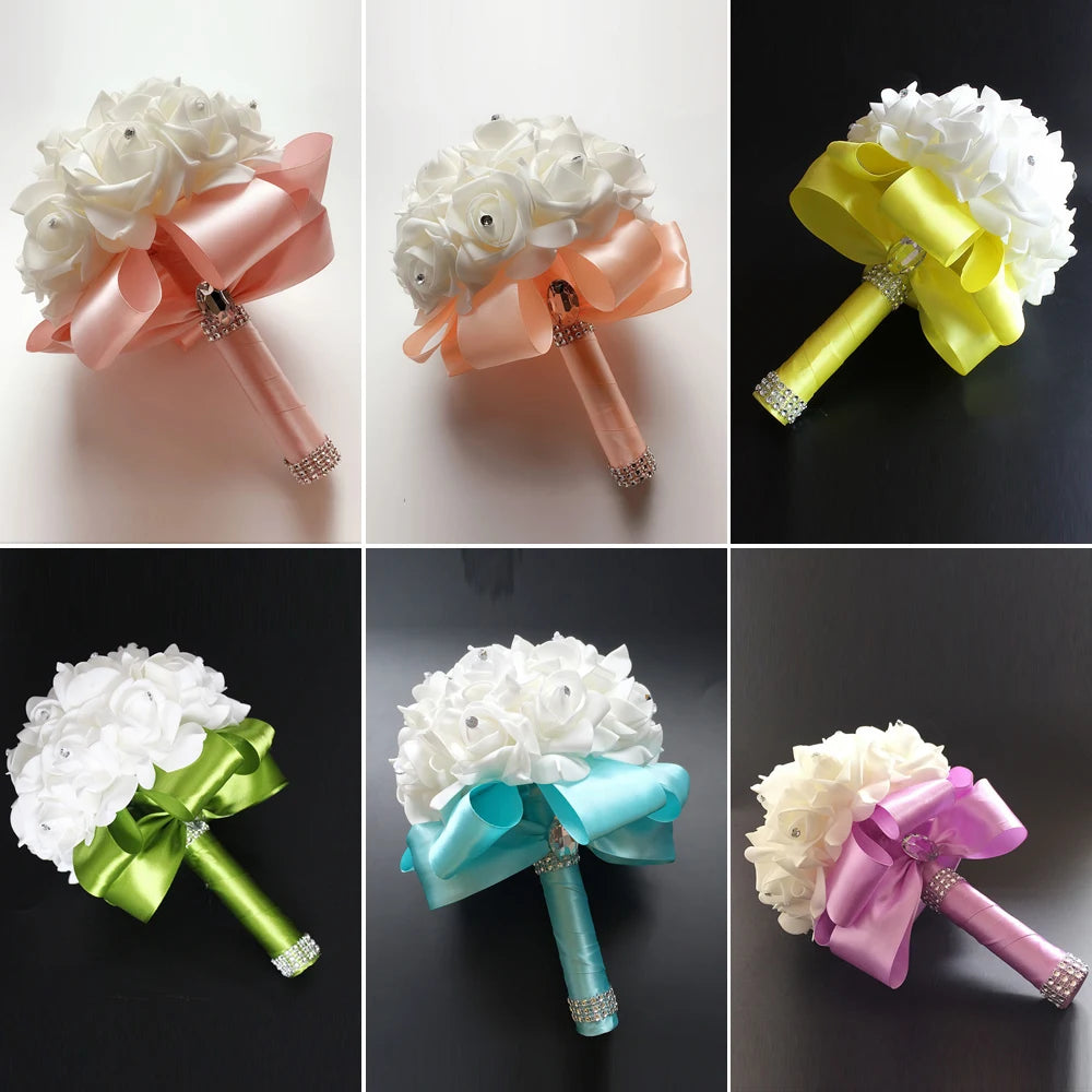 Braut Brautjungfer Bouquet Künstliche Halten Blumen Strass Bänder Hochzeit Party Kirche Hause Weihnachten Tisch Schlafzimmer Dekor