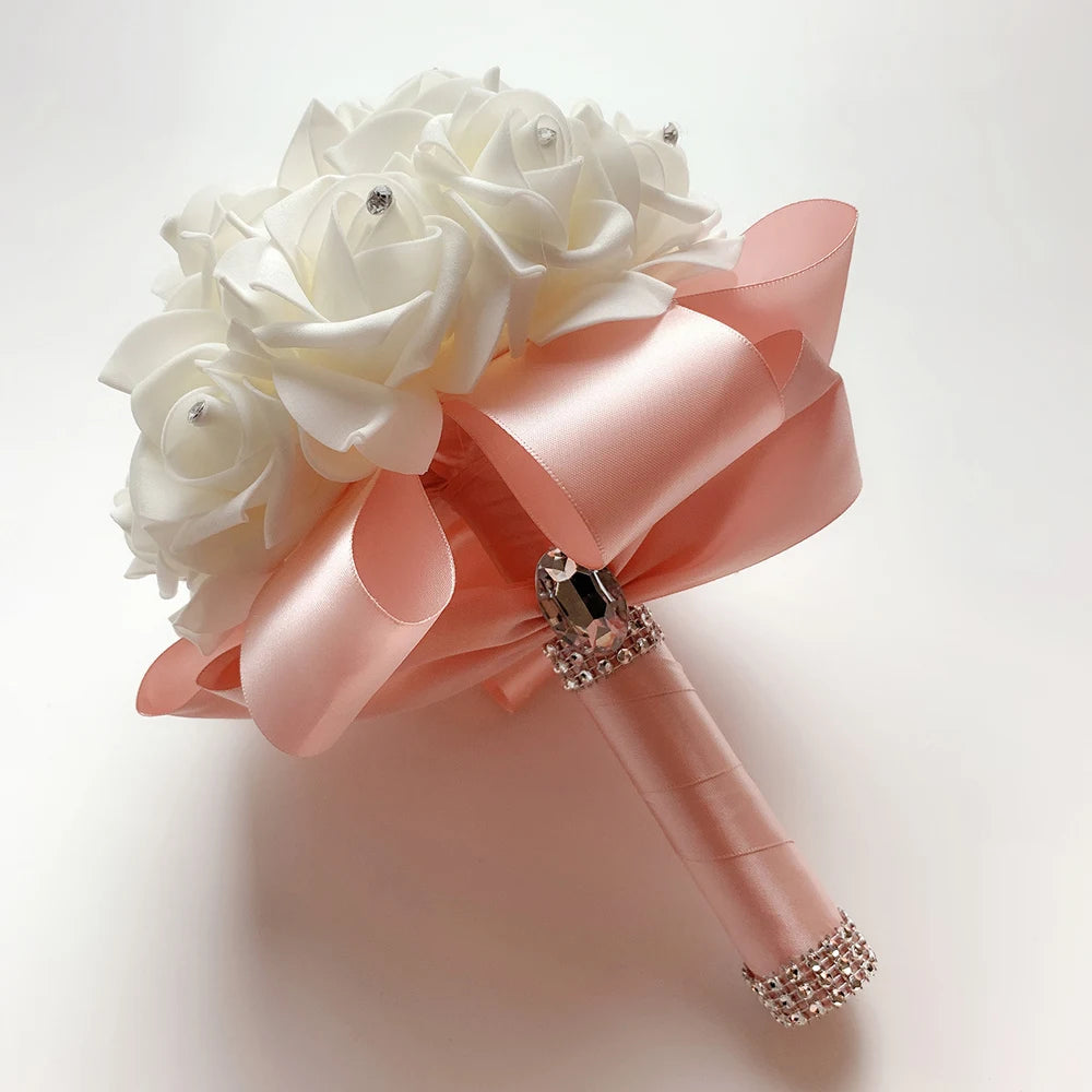 Braut Brautjungfer Bouquet Künstliche Halten Blumen Strass Bänder Hochzeit Party Kirche Hause Weihnachten Tisch Schlafzimmer Dekor