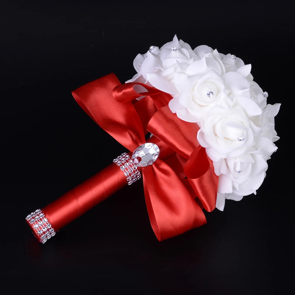Braut Brautjungfer Bouquet Künstliche Halten Blumen Strass Bänder Hochzeit Party Kirche Hause Weihnachten Tisch Schlafzimmer Dekor