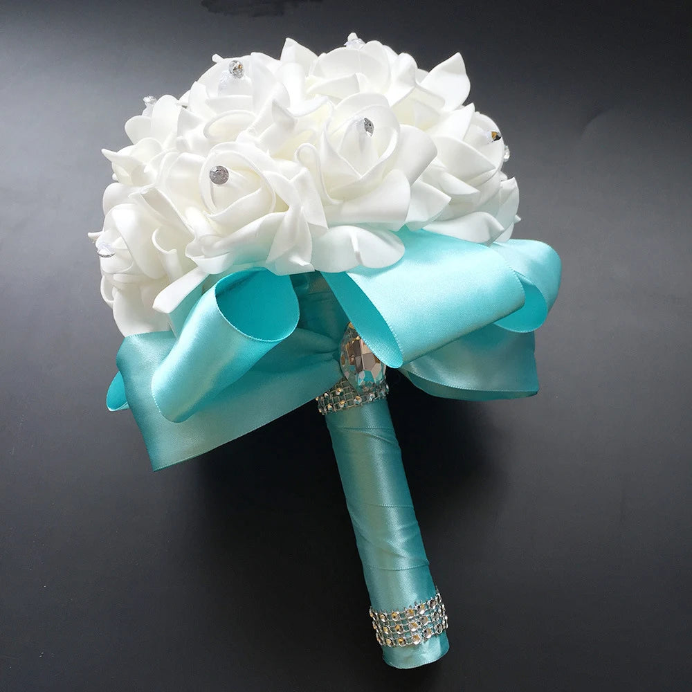 Braut Brautjungfer Bouquet Künstliche Halten Blumen Strass Bänder Hochzeit Party Kirche Hause Weihnachten Tisch Schlafzimmer Dekor