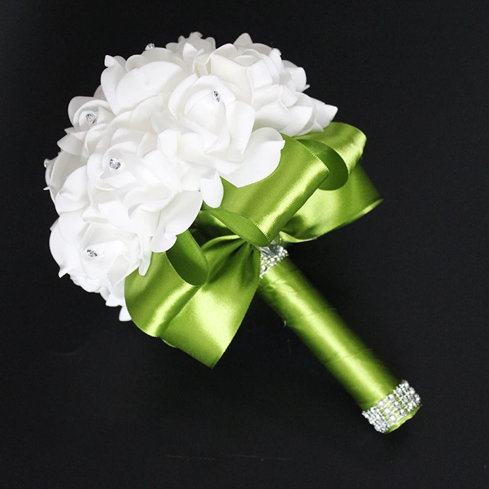 Braut Brautjungfer Bouquet Künstliche Halten Blumen Strass Bänder Hochzeit Party Kirche Hause Weihnachten Tisch Schlafzimmer Dekor