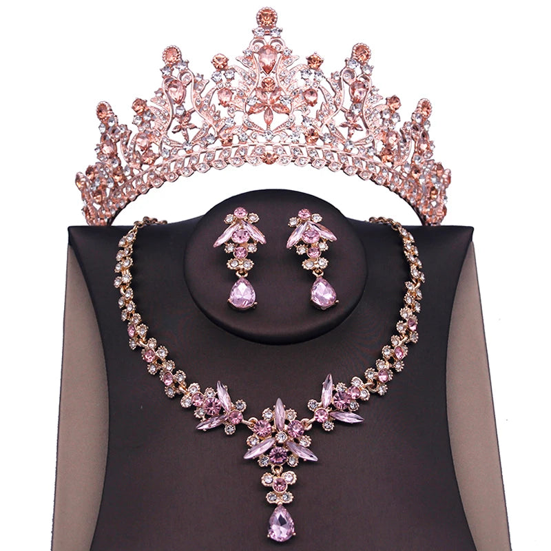 Rote Brautschmuck-Sets für Frauen, Diademe, Krone, Halskette, Ohrringe, Set für Hochzeitskleid, Braut, Kostümzubehör