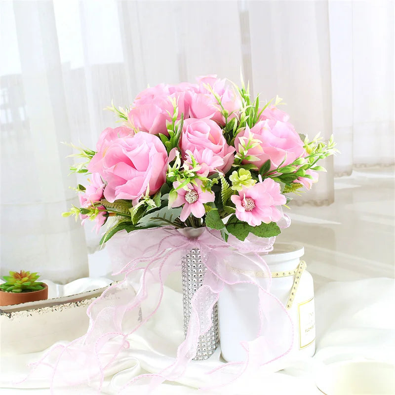 Brautstrauß, künstliche Blumen, Hochzeit, Blumen halten, weiße künstliche natürliche Rose für Brautjungfer, Braut, Hochzeitsdekorationen