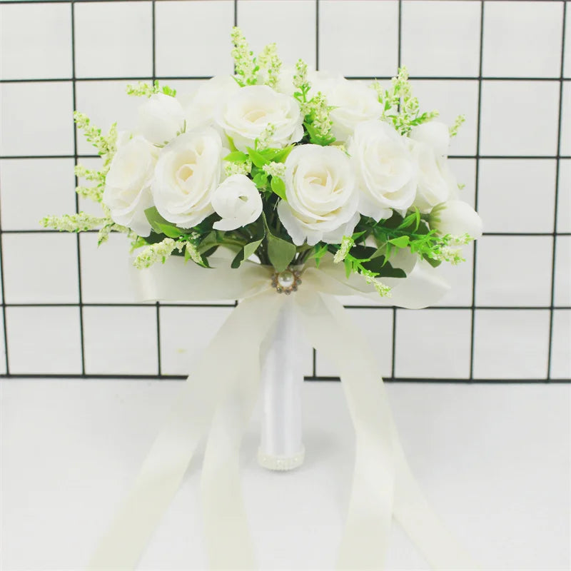 Brautstrauß, künstliche Blumen, Hochzeit, Blumen halten, weiße künstliche natürliche Rose für Brautjungfer, Braut, Hochzeitsdekorationen