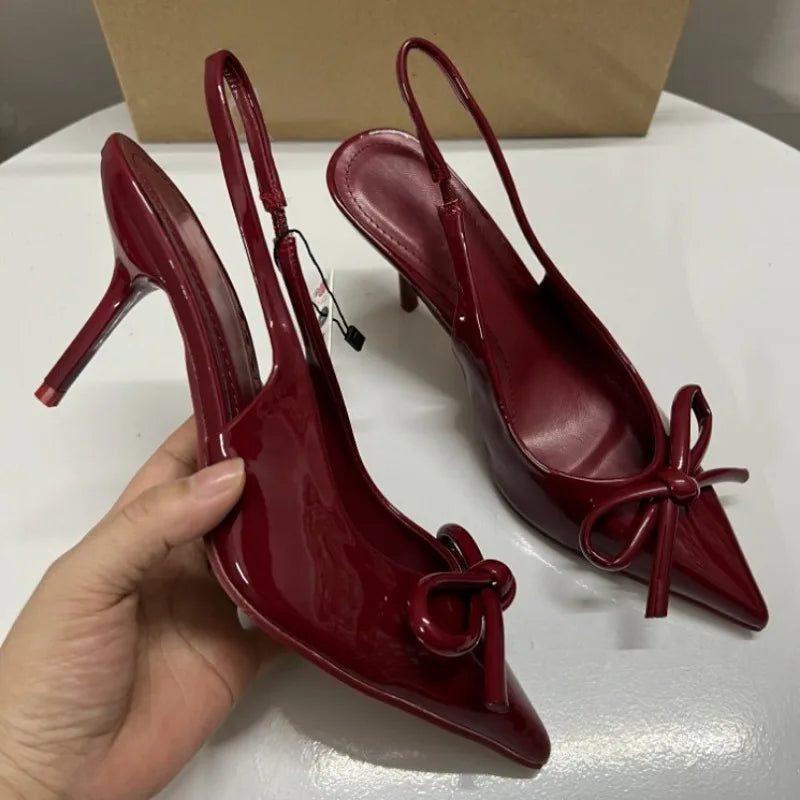 2025 herbst High Heels Frauen Hochzeiten Braut Schuhe Bogen Dekoration Mode Flach Spitz Elegante Slingbacks Damen Pumps