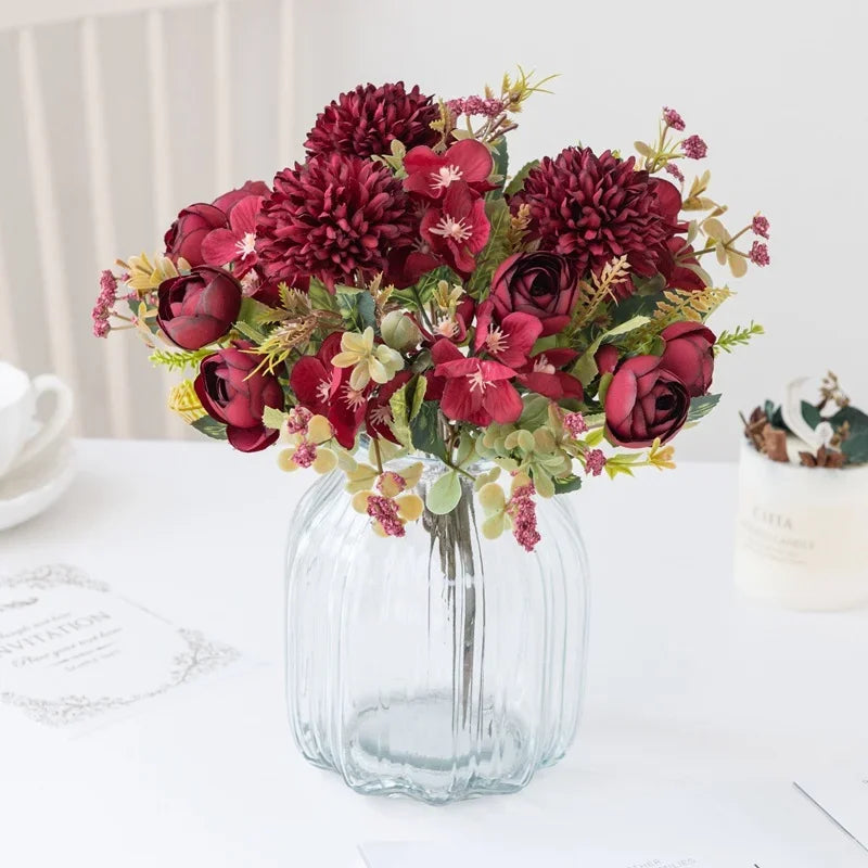 Nordischer Hochzeits-Brautstrauß, künstliche Rosen, Hortensien, Seidenblumen, Heimdekoration, Wohnzimmer, Blumen, Shooting-Requisiten