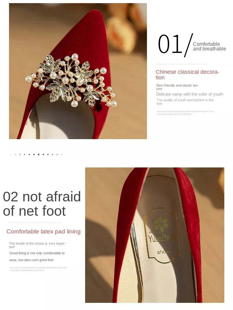 2024 neue Frühling Sommer Herbst Hochzeit Schuhe frauen Dicken Absätzen Braut Rot Wildleder Hochzeit Barfuß Schuhe