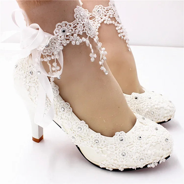 Neu Schuhe Frau Braut Elegante Weiße Spitze Perle Design High Heels frauen High Heels Braut Hochzeit Schuhe Damen