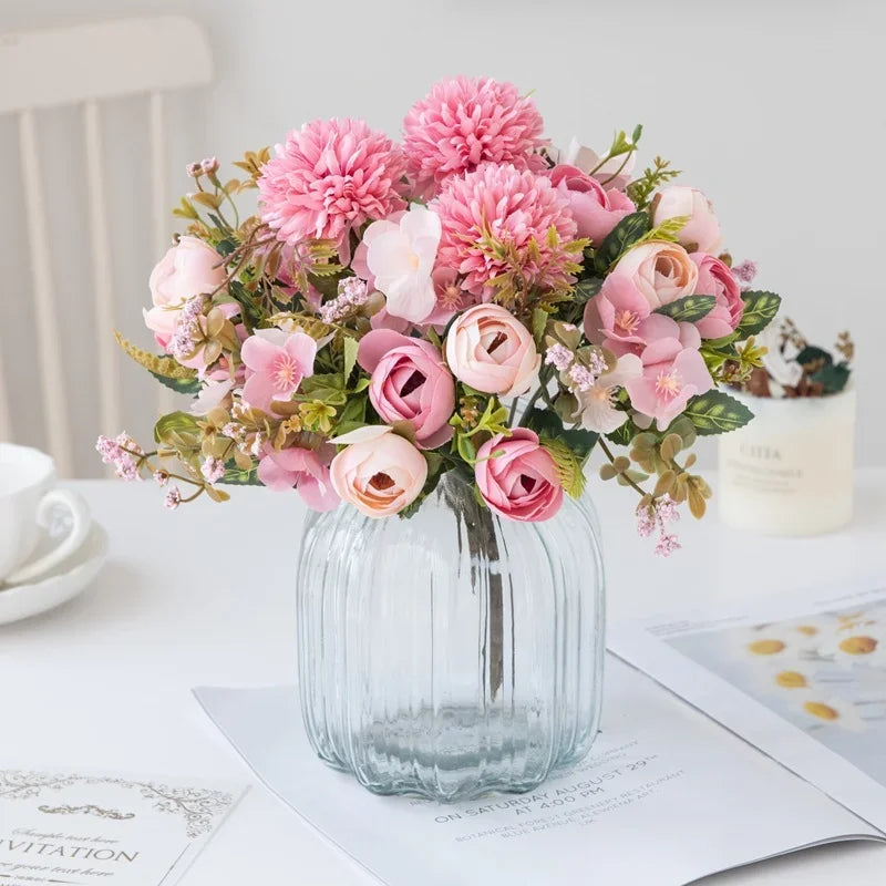 Nordischer Hochzeits-Brautstrauß, künstliche Rosen, Hortensien, Seidenblumen, Heimdekoration, Wohnzimmer, Blumen, Shooting-Requisiten