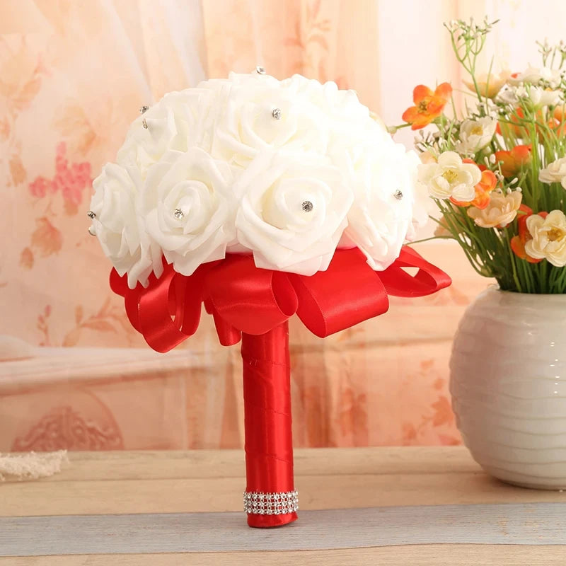 Braut Brautjungfer Bouquet Künstliche Halten Blumen Strass Bänder Hochzeit Party Kirche Hause Weihnachten Tisch Schlafzimmer Dekor