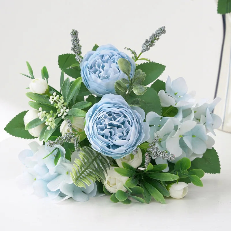 Blaue Seidensträuße Künstliche Waldhortensien Pfingstrosenknospen Hochzeit Braut Handstrauß Hausgarten Desktop Blumenarrangement Dekor