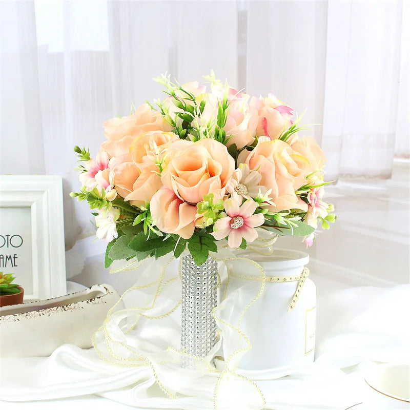Brautstrauß, künstliche Blumen, Hochzeit, Blumen halten, weiße künstliche natürliche Rose für Brautjungfer, Braut, Hochzeitsdekorationen