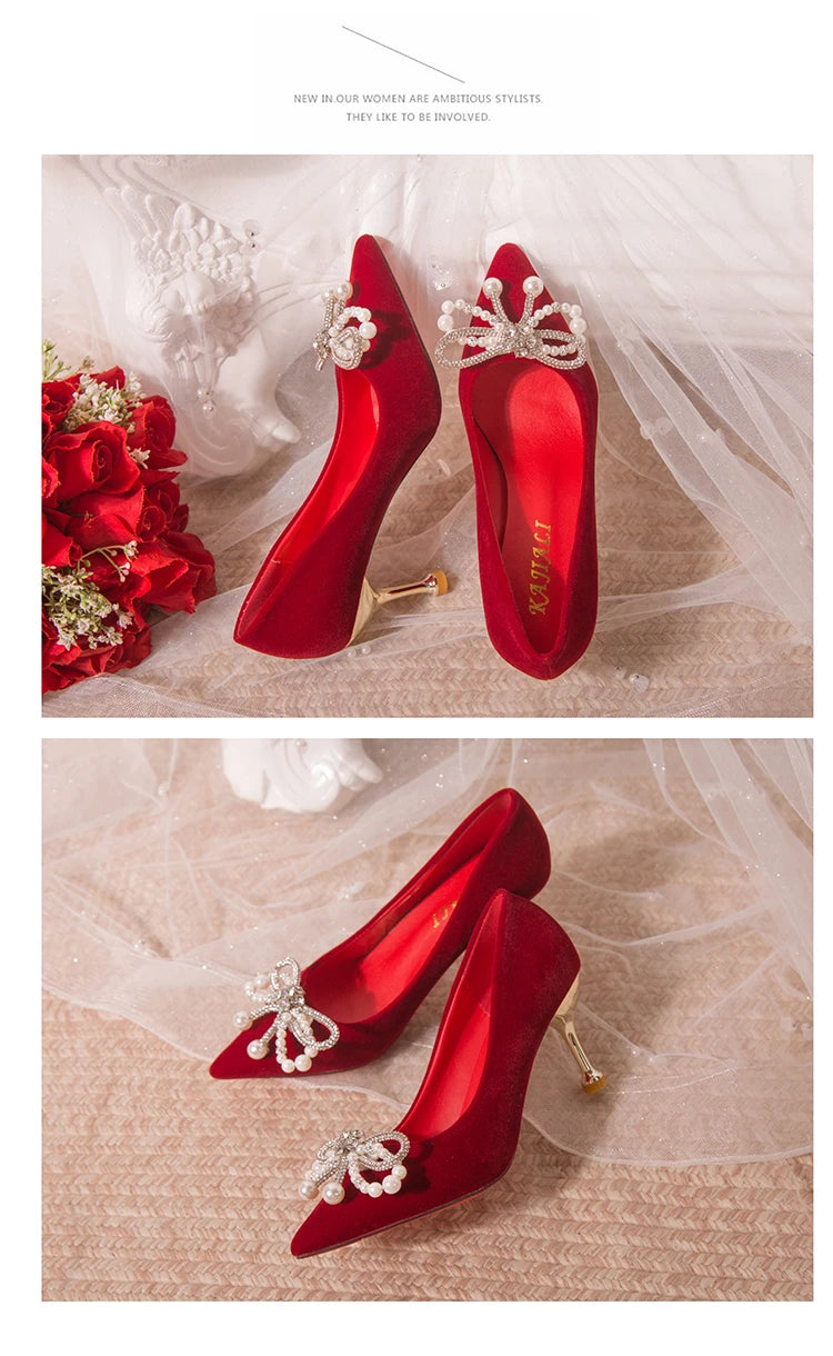 Hochzeitsschuhe Brautschuhe Frauen neue Perle dicke Ferse flacher Mund spitzen Xiuhe Haupthochzeitskleid nicht müde Fuß einzelne Schuhe