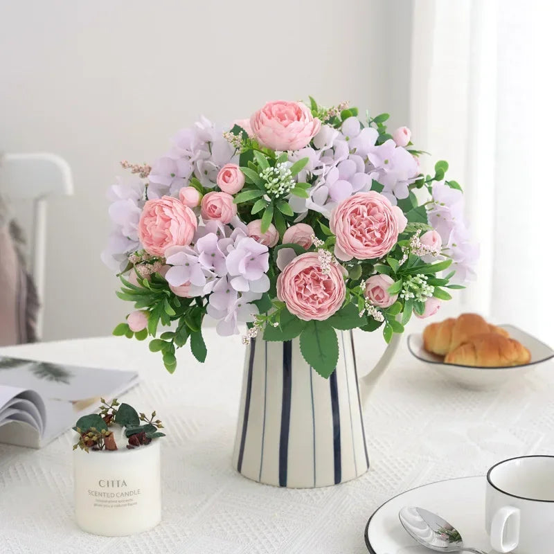 Blaue Seidensträuße Künstliche Waldhortensien Pfingstrosenknospen Hochzeit Braut Handstrauß Hausgarten Desktop Blumenarrangement Dekor