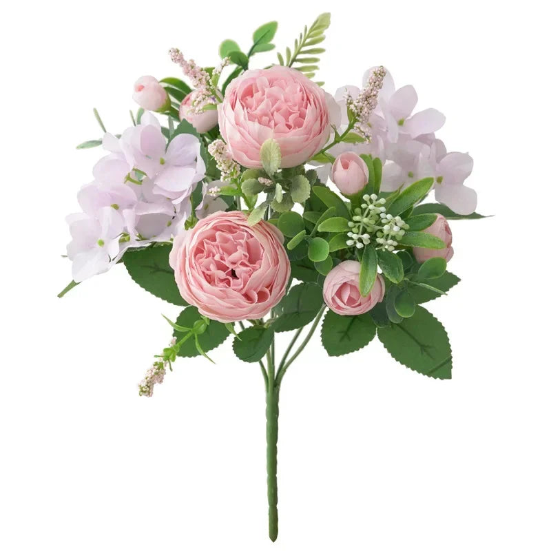 Blaue Seidensträuße Künstliche Waldhortensien Pfingstrosenknospen Hochzeit Braut Handstrauß Hausgarten Desktop Blumenarrangement Dekor