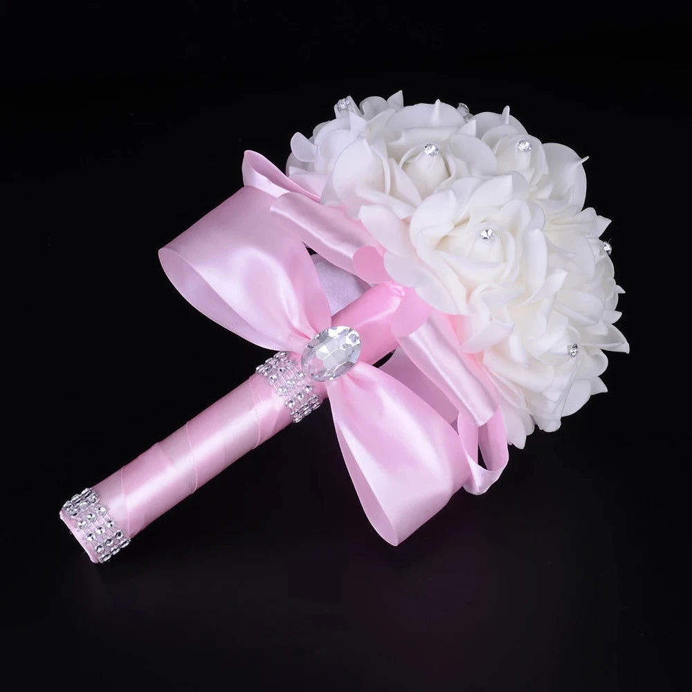 Braut Brautjungfer Bouquet Künstliche Halten Blumen Strass Bänder Hochzeit Party Kirche Hause Weihnachten Tisch Schlafzimmer Dekor