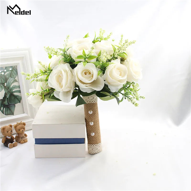 Brautstrauß, künstliche Blumen, Hochzeit, Blumen halten, weiße künstliche natürliche Rose für Brautjungfer, Braut, Hochzeitsdekorationen