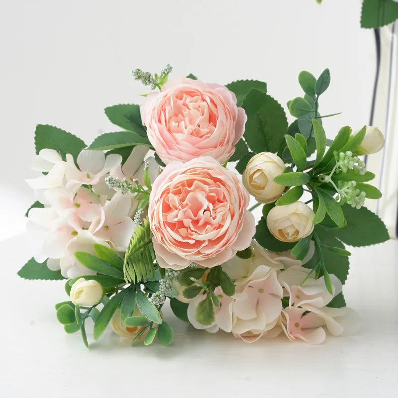 Blaue Seidensträuße Künstliche Waldhortensien Pfingstrosenknospen Hochzeit Braut Handstrauß Hausgarten Desktop Blumenarrangement Dekor