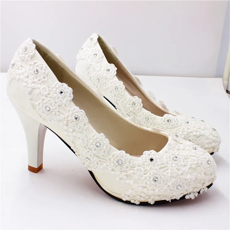 Neu Schuhe Frau Braut Elegante Weiße Spitze Perle Design High Heels frauen High Heels Braut Hochzeit Schuhe Damen