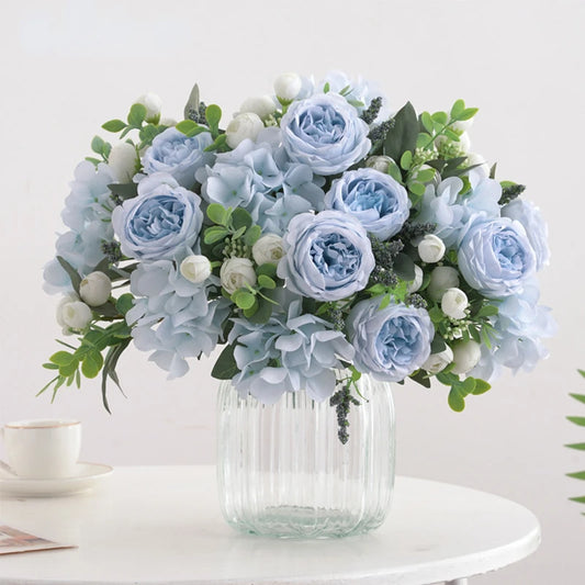 Blaue Seidensträuße Künstliche Waldhortensien Pfingstrosenknospen Hochzeit Braut Handstrauß Hausgarten Desktop Blumenarrangement Dekor