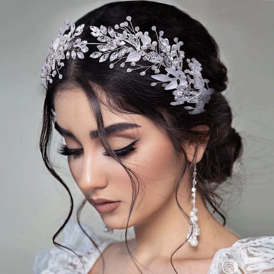 Braut Haarschmuck Kristall Perlen Stirnband Tiara Strass Blatt Stirnband Haarband Für Frauen Elegante Prinzessin Kopfbedeckung